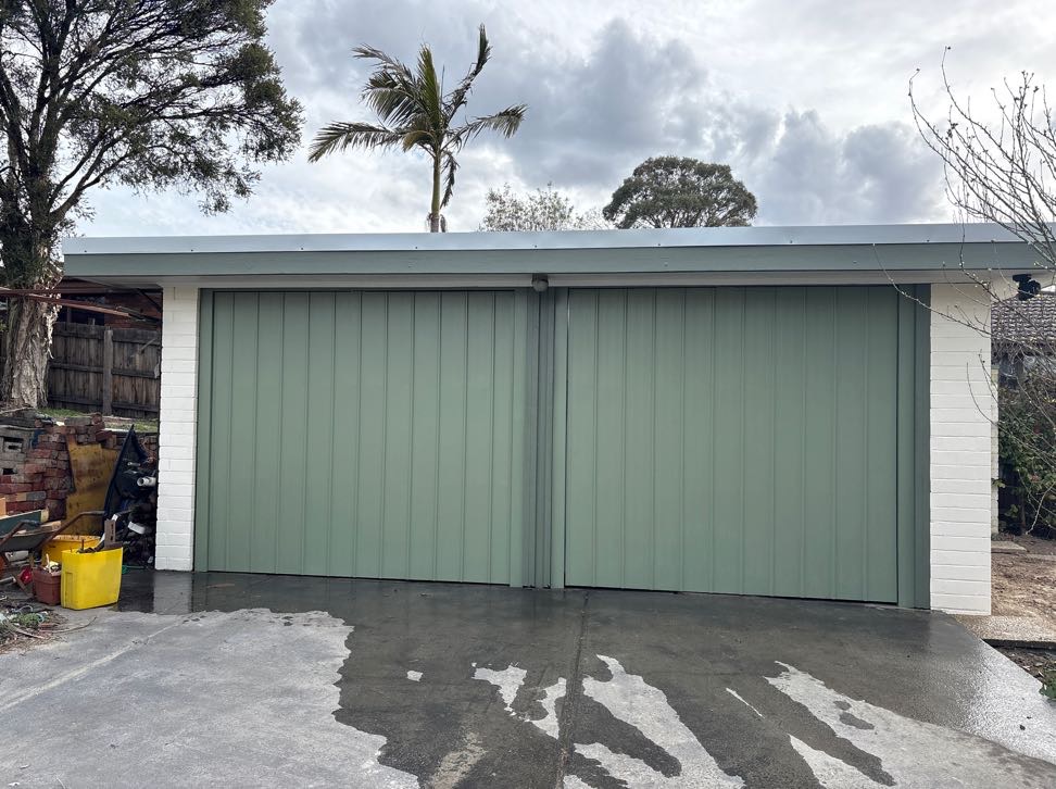 Custom Made Tilt Doors, Vertical Clad A Panel, Colorbond Pale Eucalypt, Merlin Commander Elite